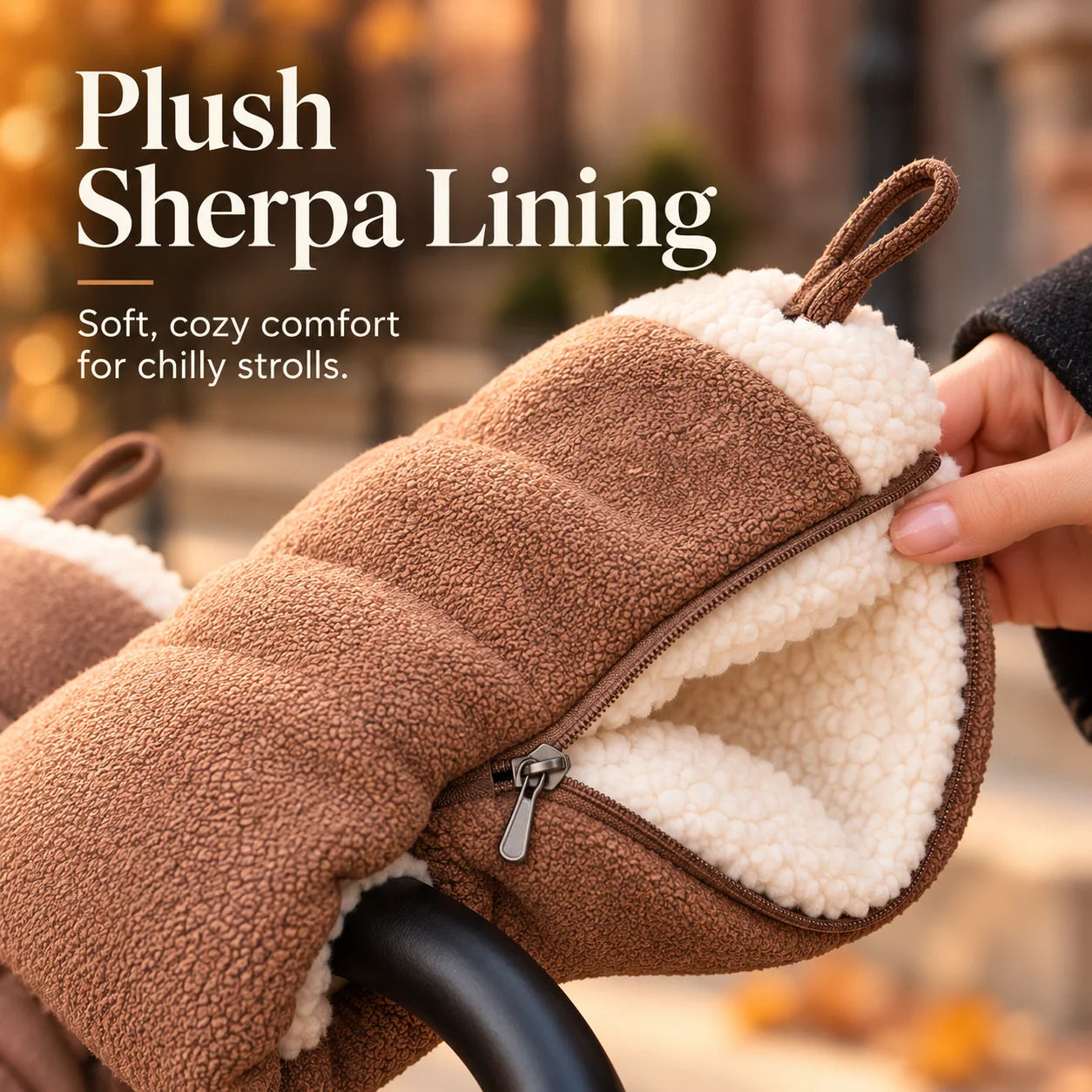 Close-up of a brown stroller hand warmer opened to show the cream sherpa-style lining and zipper