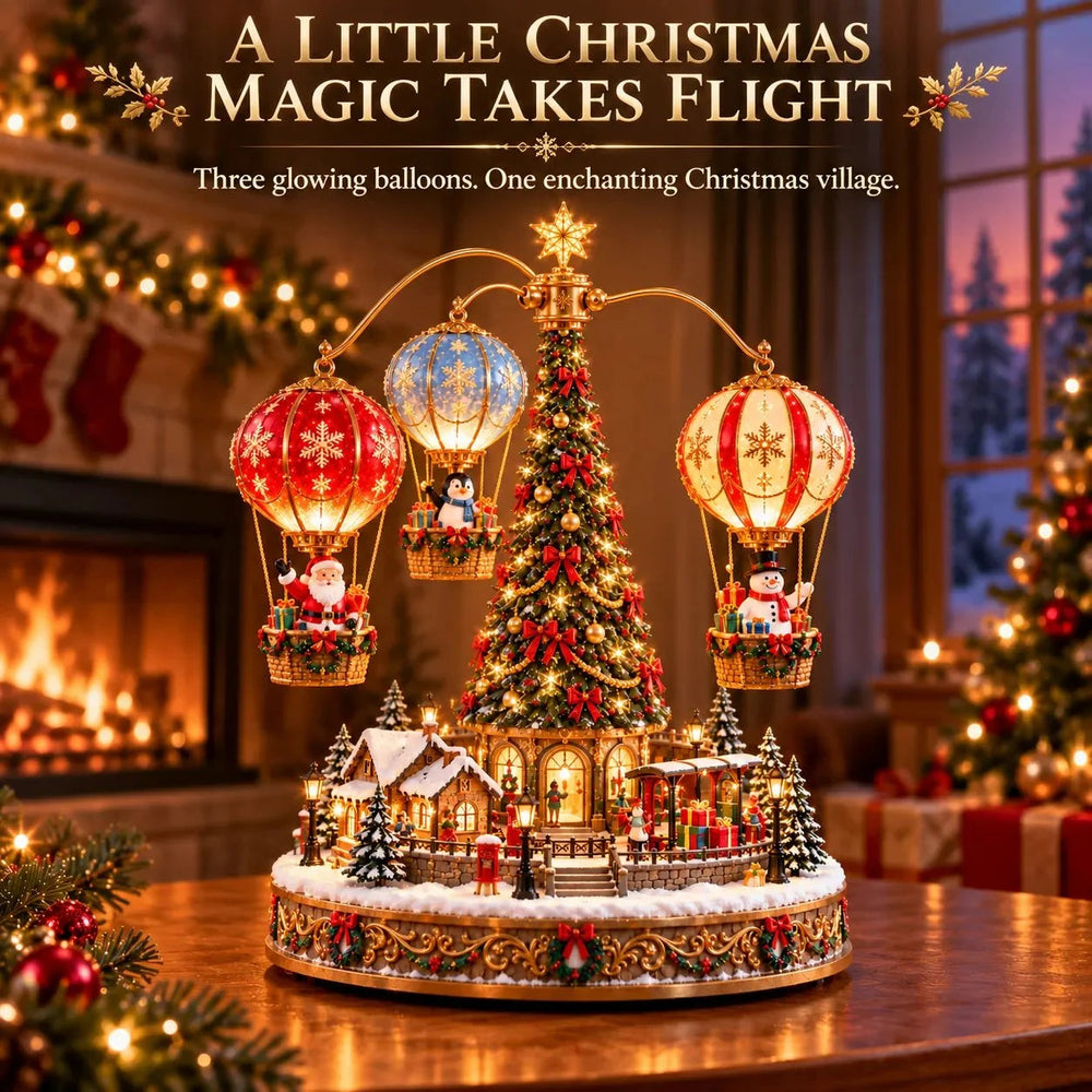 Three festive hot air balloons above an illuminated snowy Christmas village
