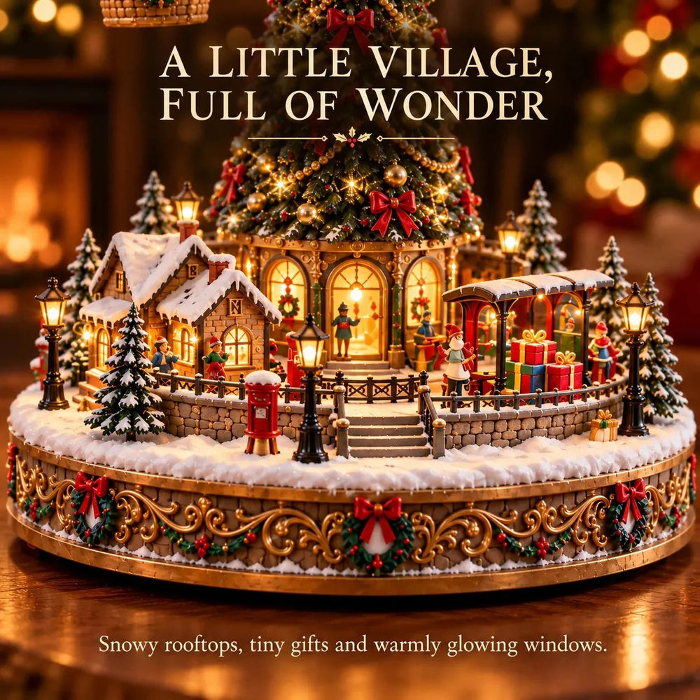 Close-up of snowy rooftops, miniature figures, glowing windows and wrapped gifts