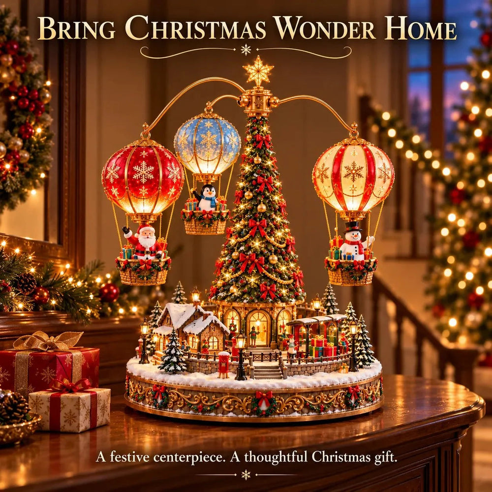 Christmas balloon village displayed on an indoor console beside festive decorations