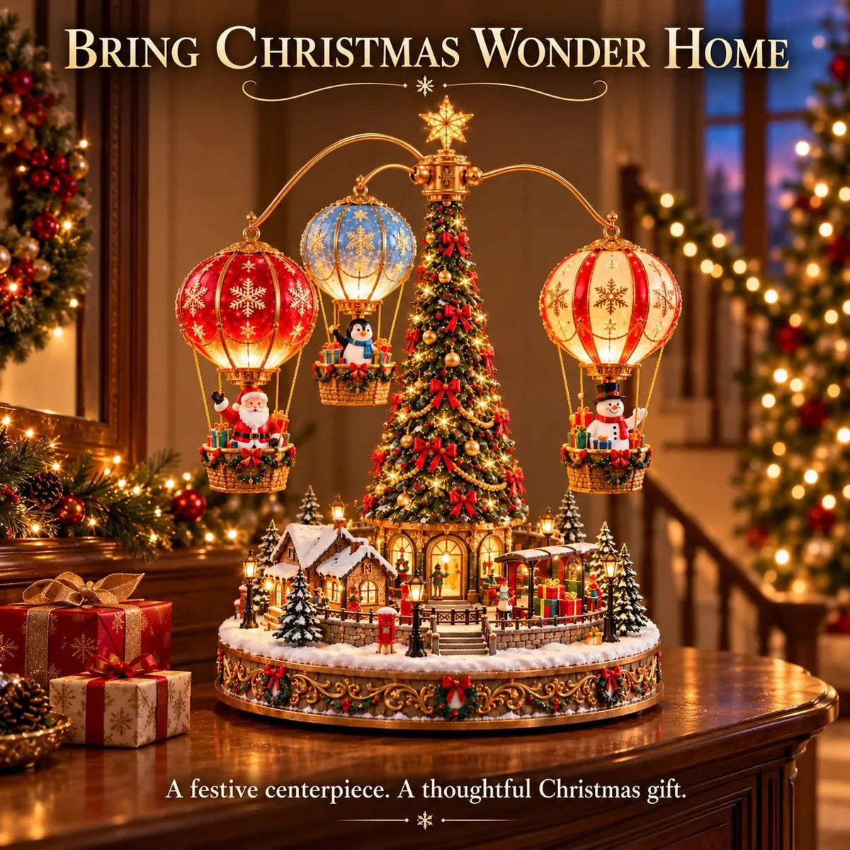 🎅🎈 Animated Christmas Hot Air Balloon Village – Light-Up Holiday Display