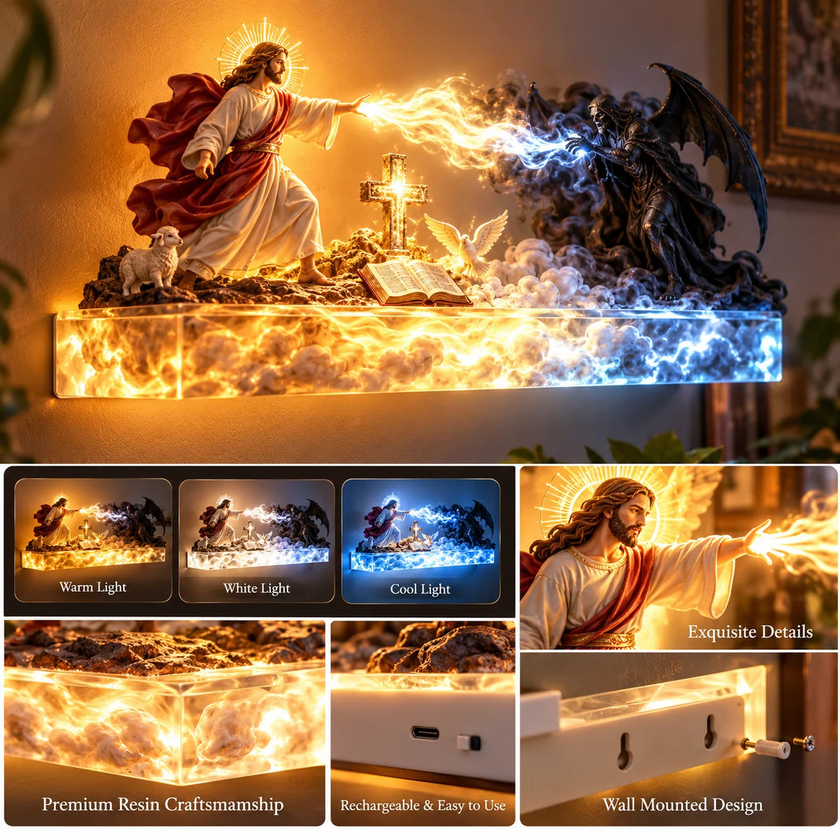 ✝️✨ Divine Light of Faith™ – 3D Lighted Jesus & Angel Wall Art with Glowing Cross