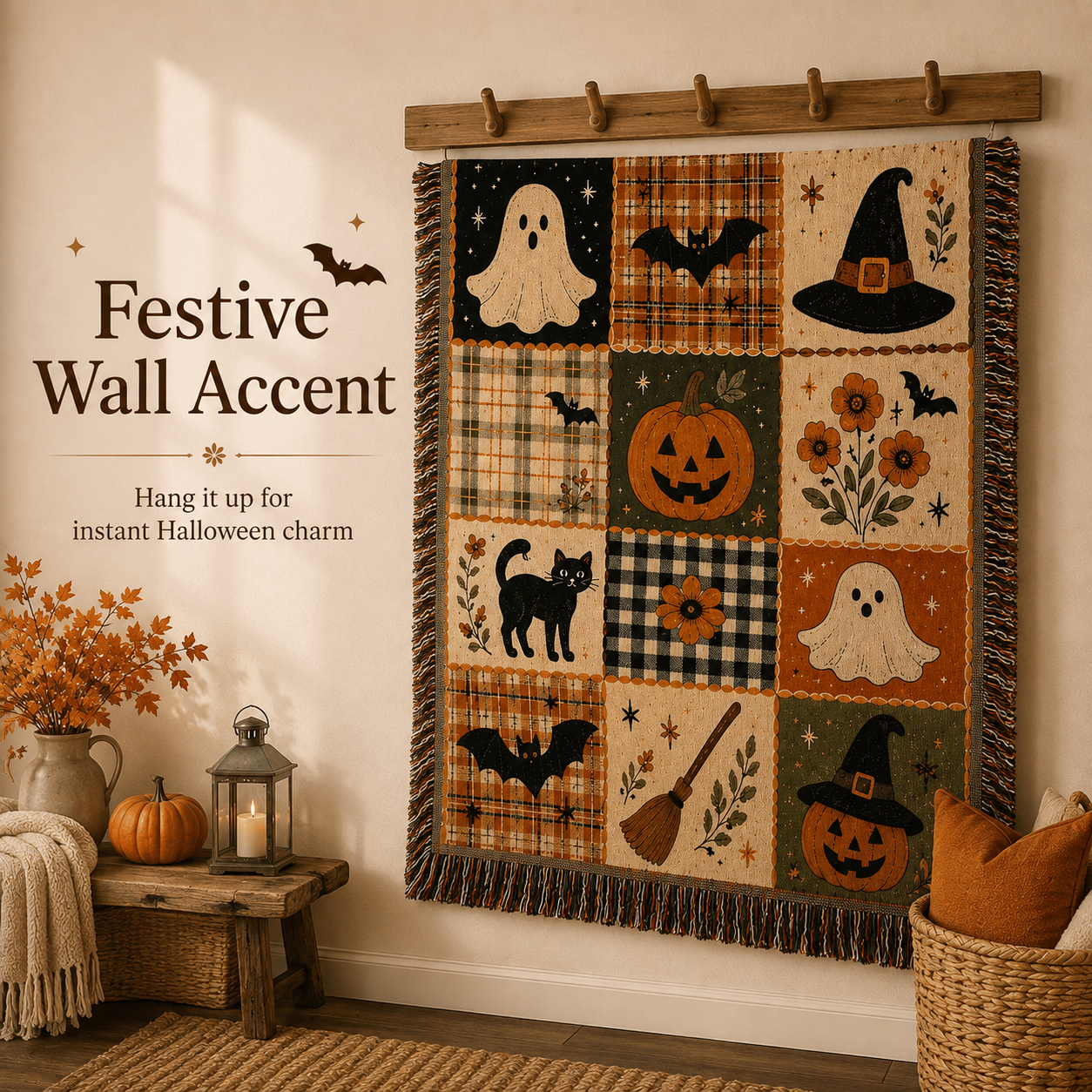 🍂🎃Vintage Halloween Woven Throw: 12-Tile Jacquard Blanket with Fringe