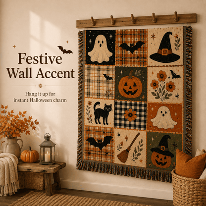🍂🎃Vintage Halloween Woven Throw: 12-Tile Jacquard Blanket with Fringe