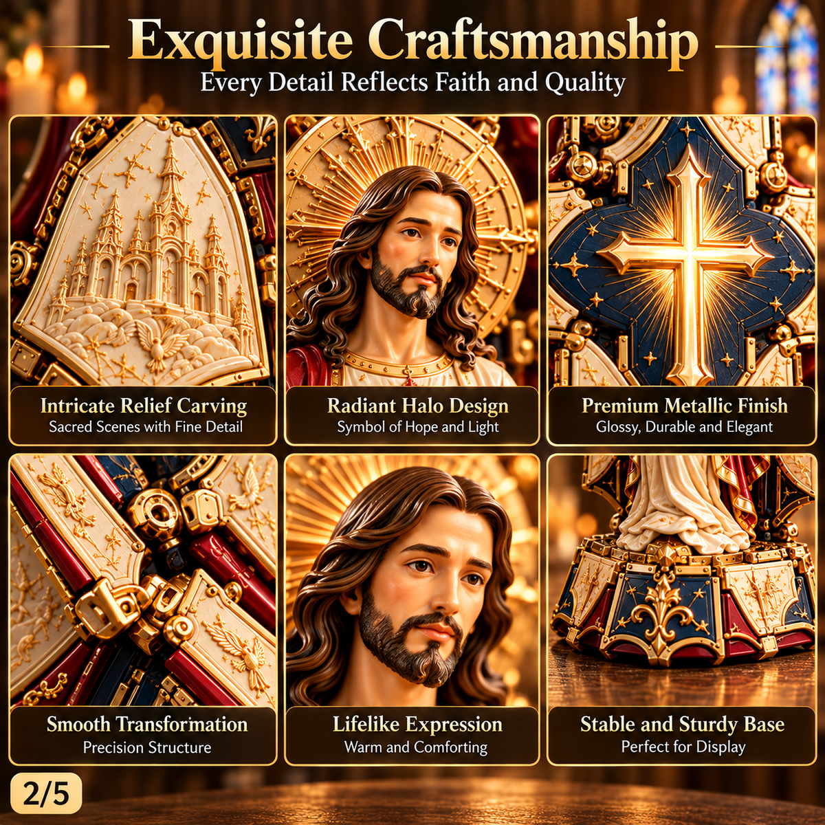 Detailed concept views of the Jesus figure, halo, cross decorations and ornamental panels