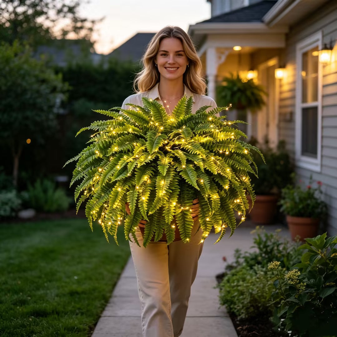 🌿 Lighted Boston Fern Hanging Basket – Lush No-Water Greenery with Warm Lights