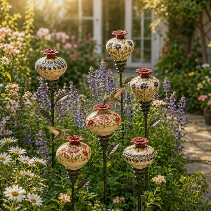 🔥Last Day 49% OFF🌺 Vintage Ceramic Hummingbird Feeder Garden Stake — Handcrafted Floral Bird Feeder Decoration