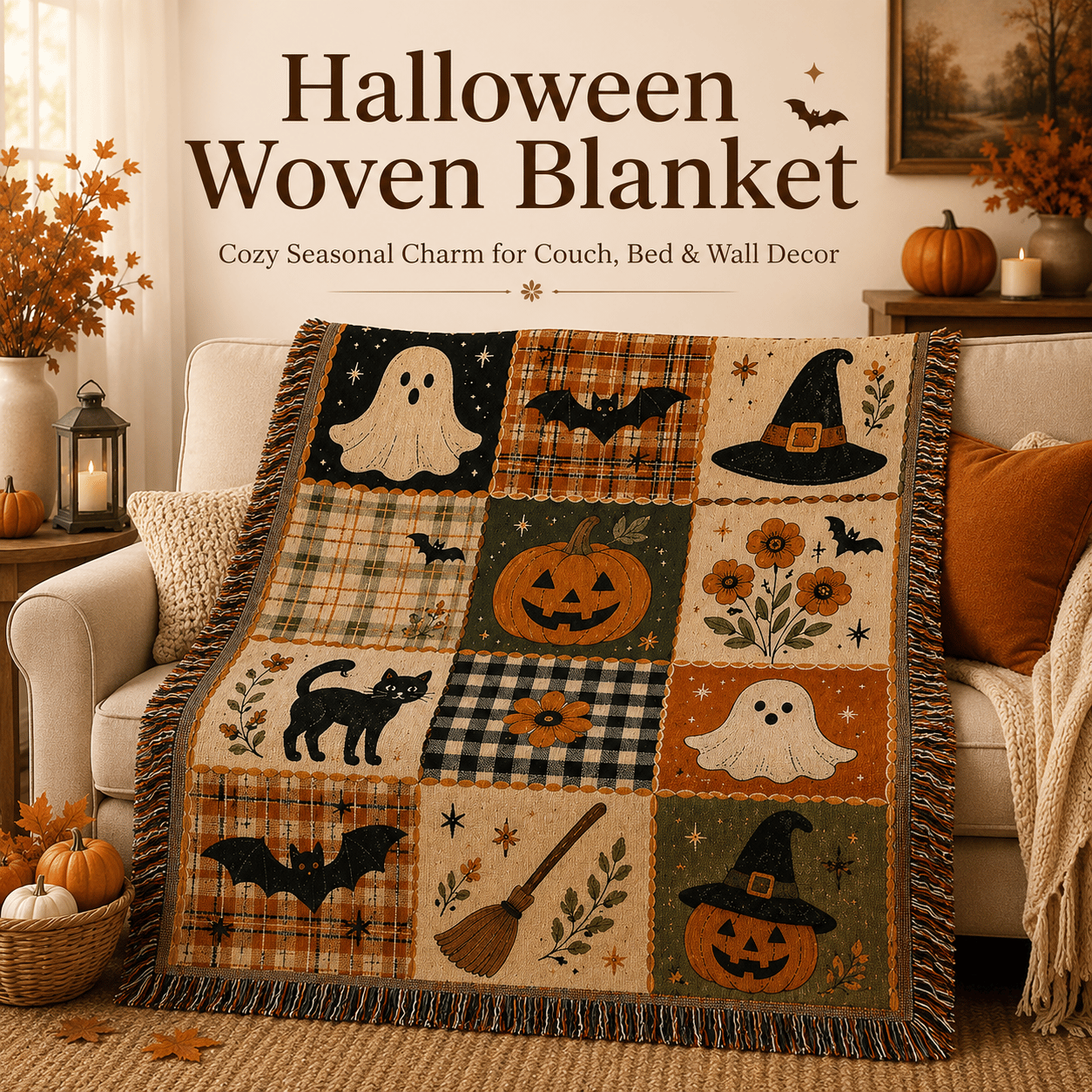 🍂🎃Vintage Halloween Woven Throw: 12-Tile Jacquard Blanket with Fringe