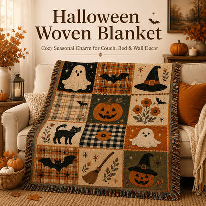 🍂🎃Vintage Halloween Woven Throw: 12-Tile Jacquard Blanket with Fringe