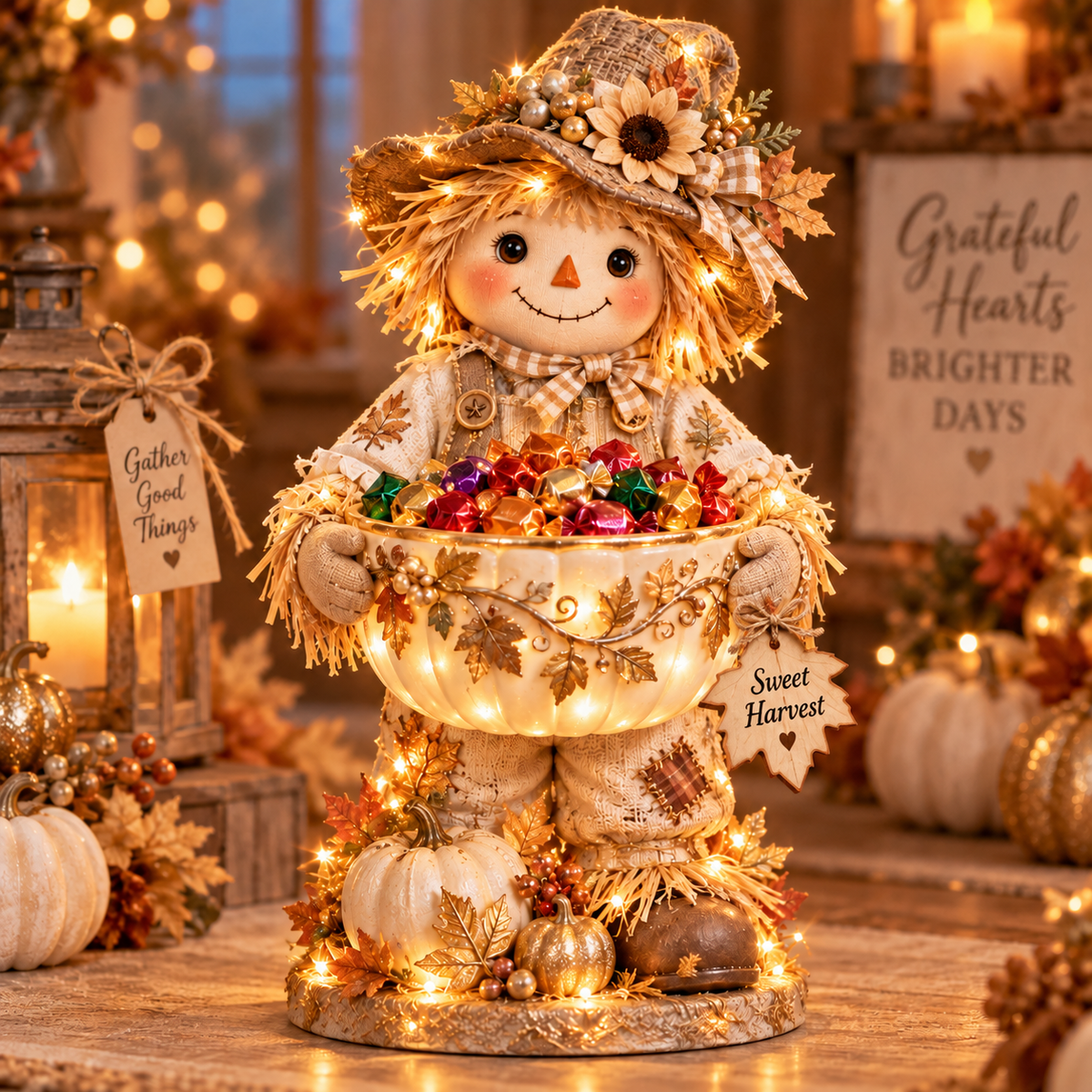 🍂 Harvest Buddy™ – Lighted Scarecrow Candy Bowl & Thanksgiving Centerpiece