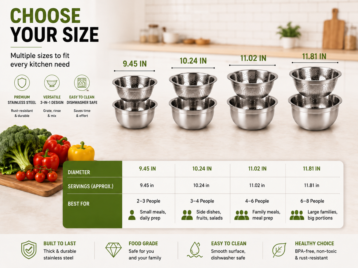 🥗 3-in-1 Stainless Steel Prep Bowl Set – Grate, Rinse, Mix & Serve