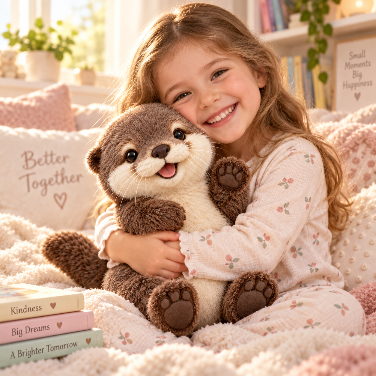 Happy little girl cuddling Otter Buddy