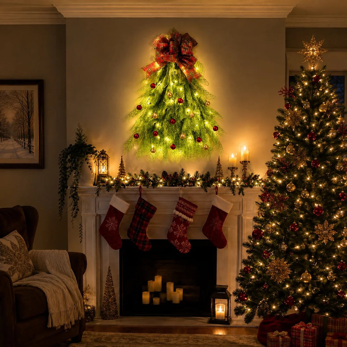 Warm light Christmas tree wreath above fireplace