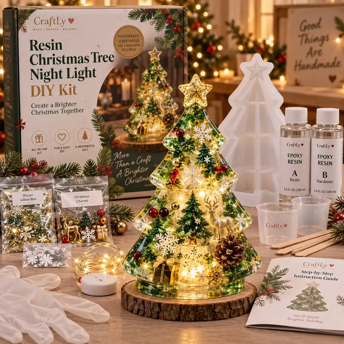 🎄 Christmas Hot Sale - 50% OFF✨Beginner-Friendly Resin Christmas Tree Night Light DIY Kit | Complete Kit with Mold, Resin, Fairy Lights & Festive Decorations ✨