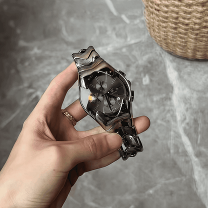 Sculptural Wave-Link Chronograph Watch – 43mm Integrated Steel Bracelet