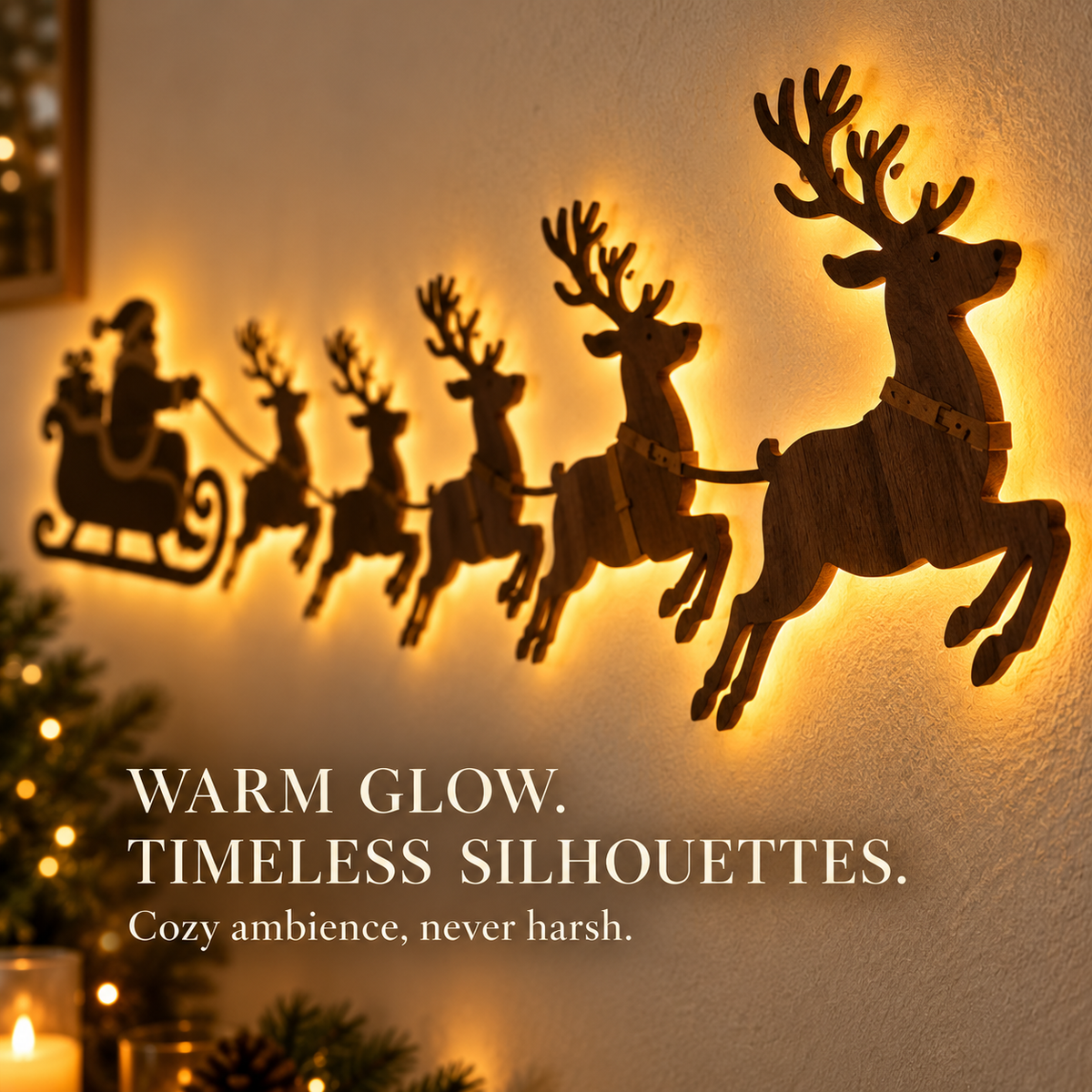 🦌 Santa Sleigh & 6 Reindeer LED Wall Display – Warm Christmas Glow