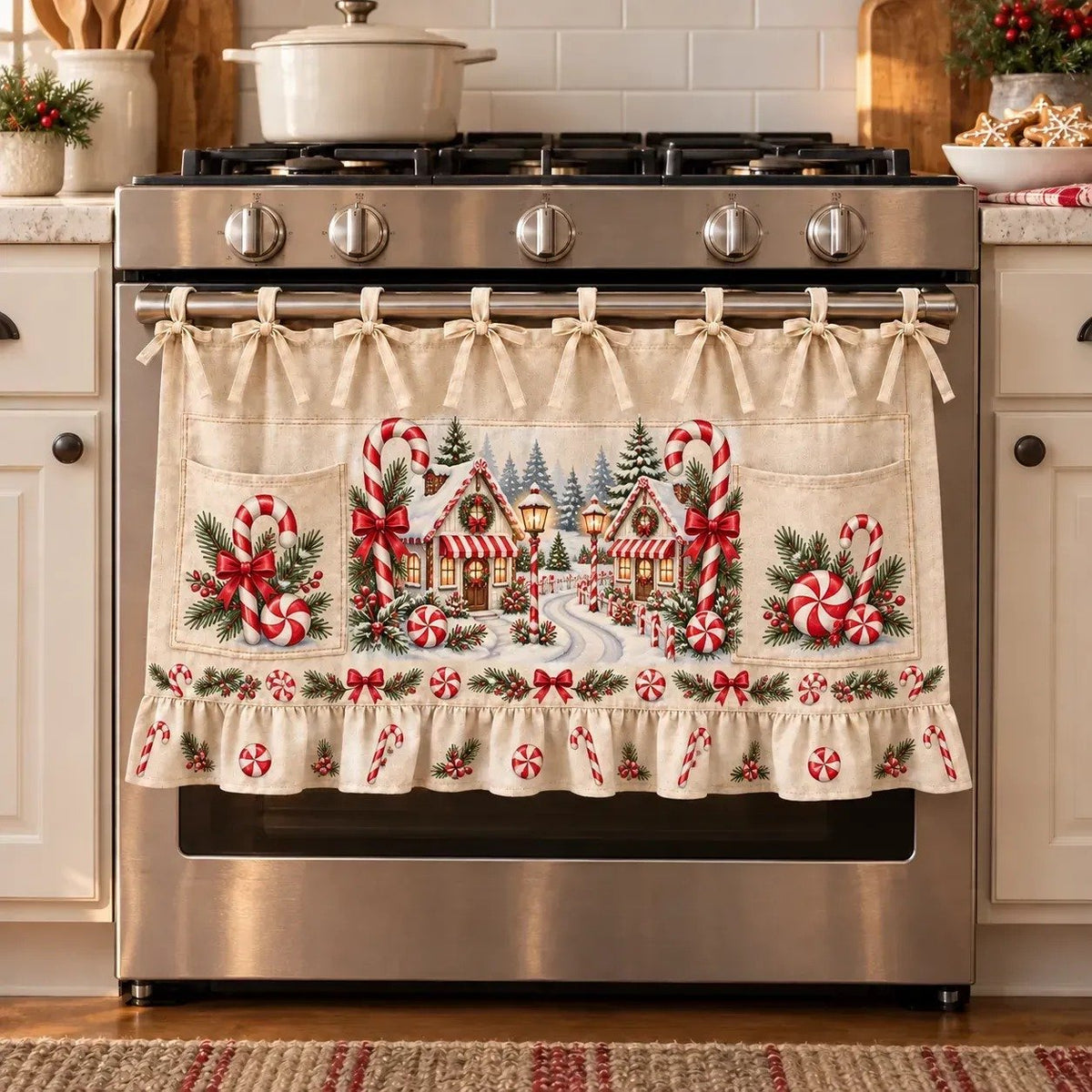 🎄 Christmas Kitchen Tie-On Skirt | Festive Holiday Designs with Pockets & Ruffled Trim