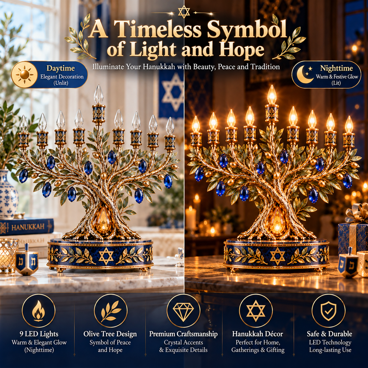✡️✨ Radiant Olive Tree™ – 9-Light LED Hanukkah Menorah | Royal Blue & Gold Holiday Centerpiece