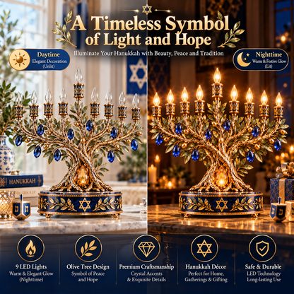 ✡️✨ Radiant Olive Tree™ – 9-Light LED Hanukkah Menorah | Royal Blue & Gold Holiday Centerpiece