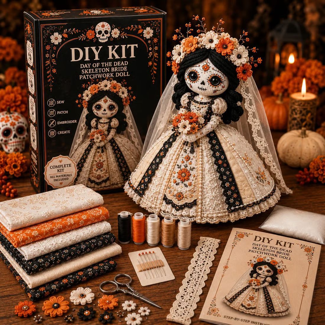 🎃 Day of the Dead Patchwork Doll DIY Sewing Kit – Handmade Fabric Doll Making Kit with Floral Details