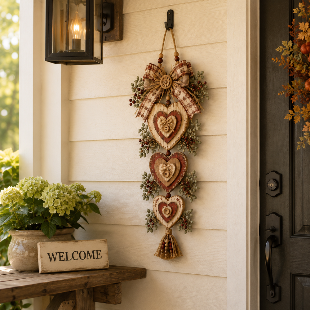 Heart wall hanging displayed on a covered porch