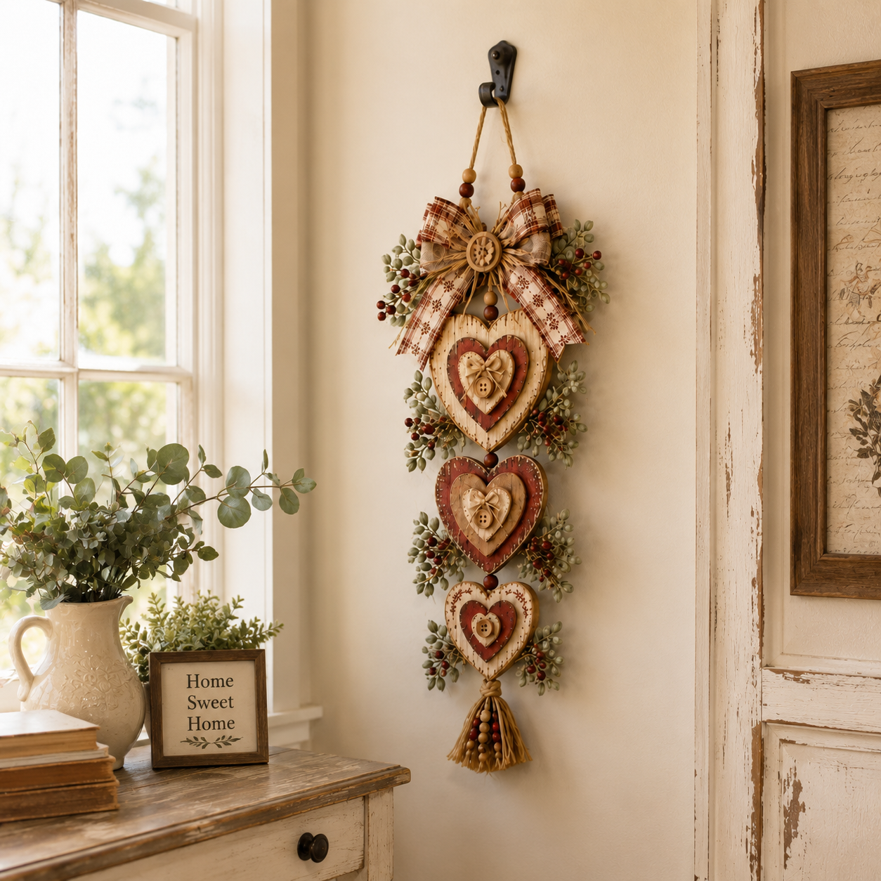 Vintage layered heart farmhouse wall hanging beside a bright window