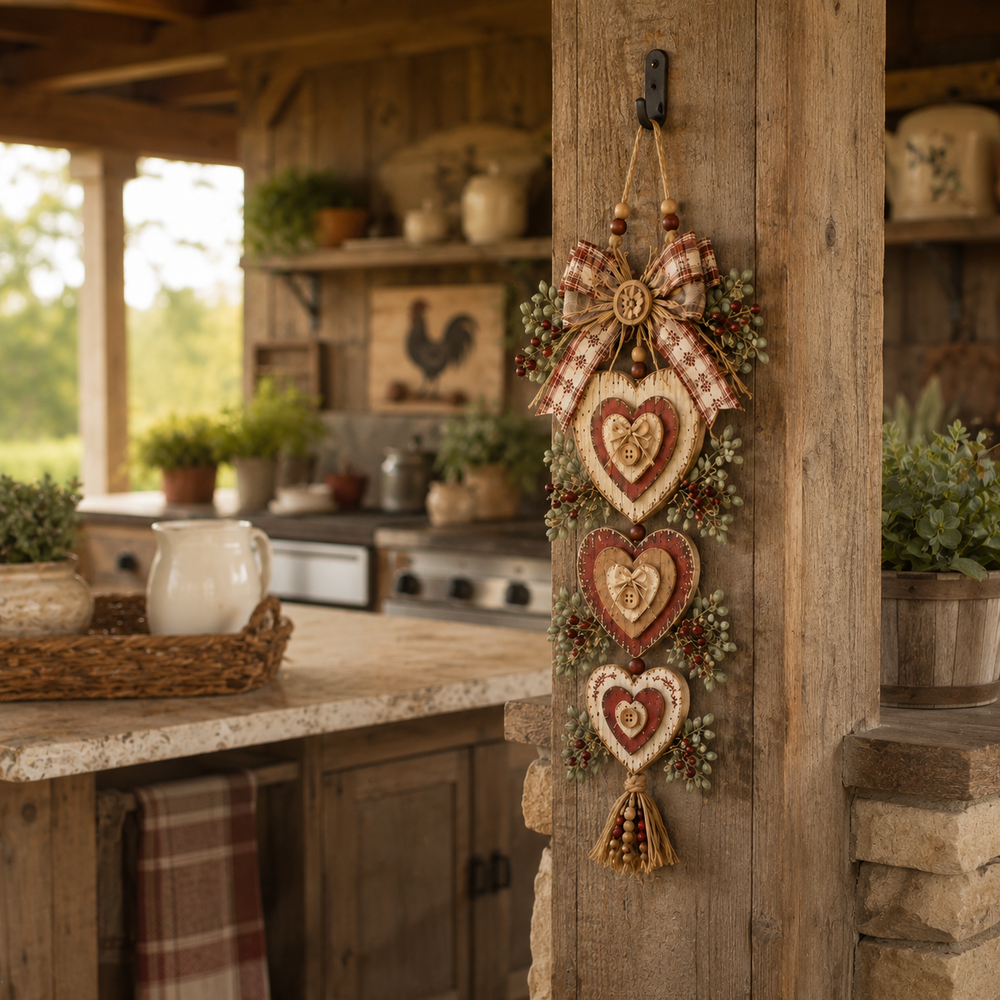 Heart wall hanging displayed in a farmhouse kitchen
