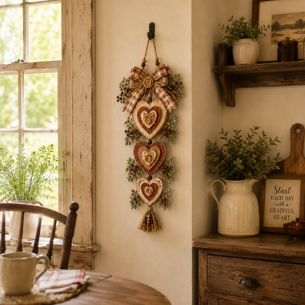 Heart wall hanging in a farmhouse dining area
