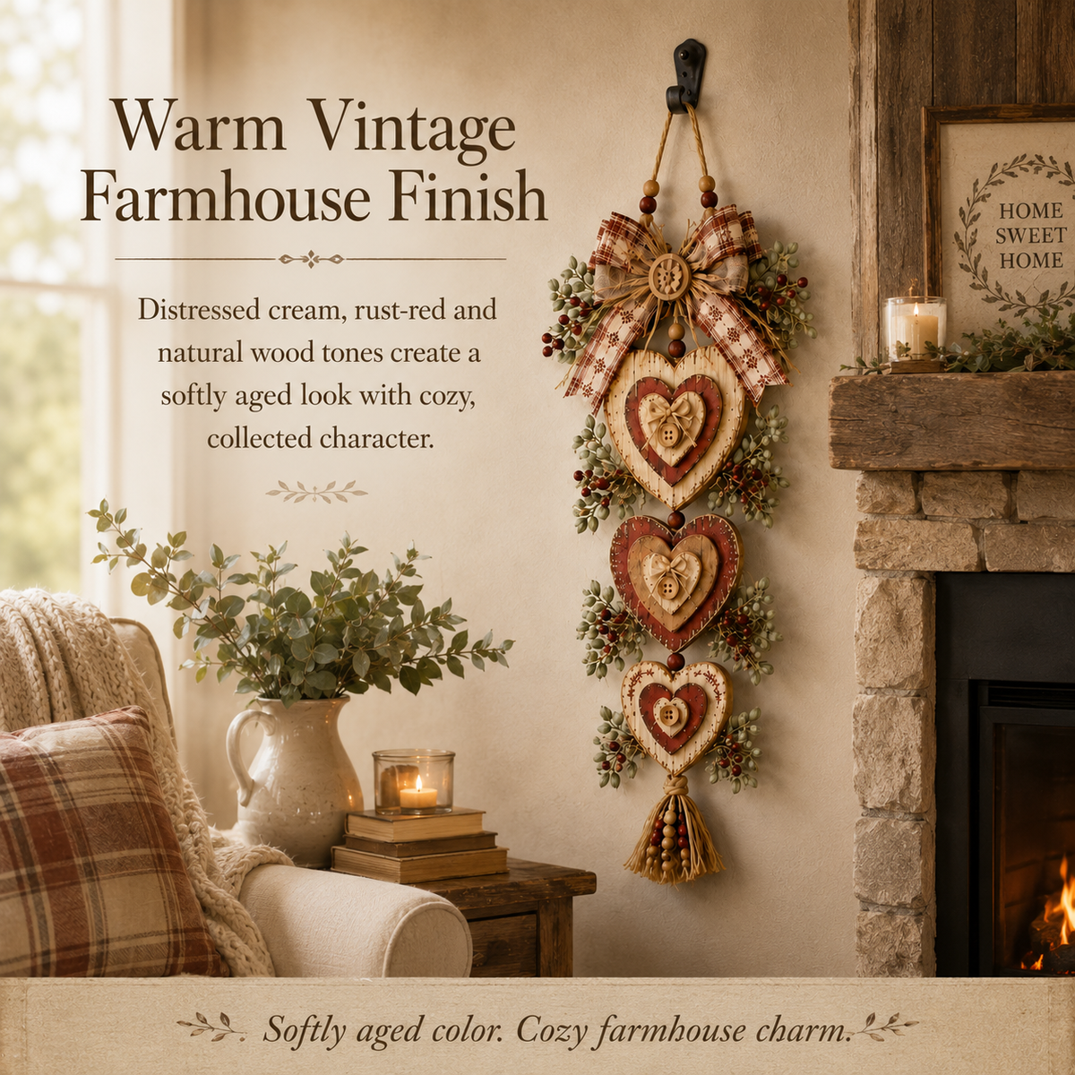 Warm vintage farmhouse heart decoration in a rustic room