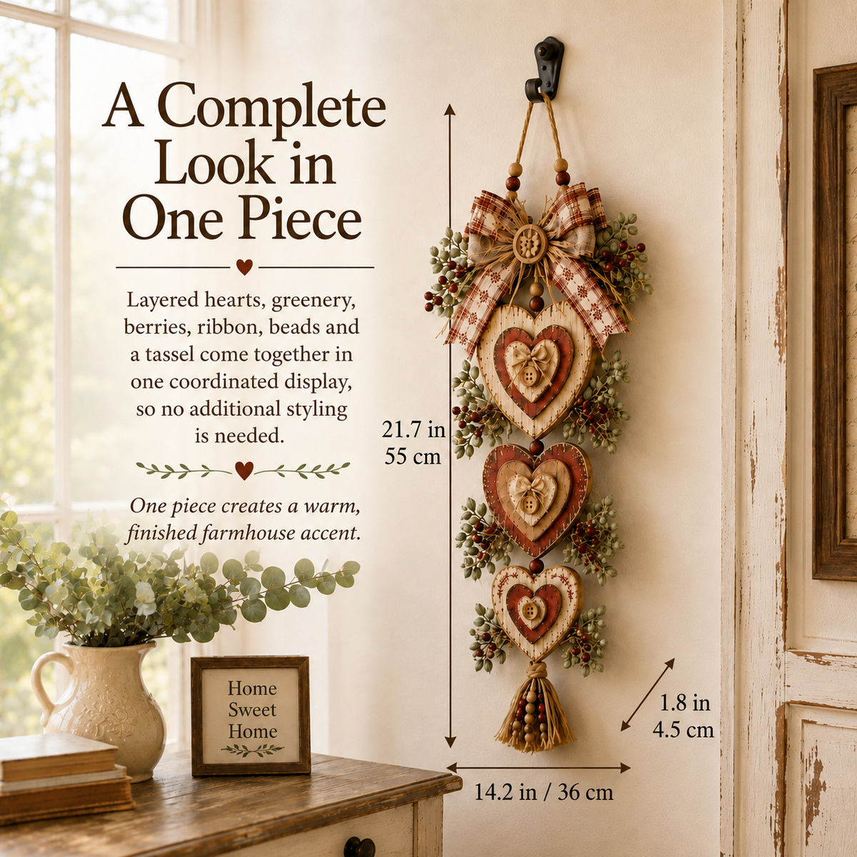 Dimensions of the layered heart farmhouse wall hanging