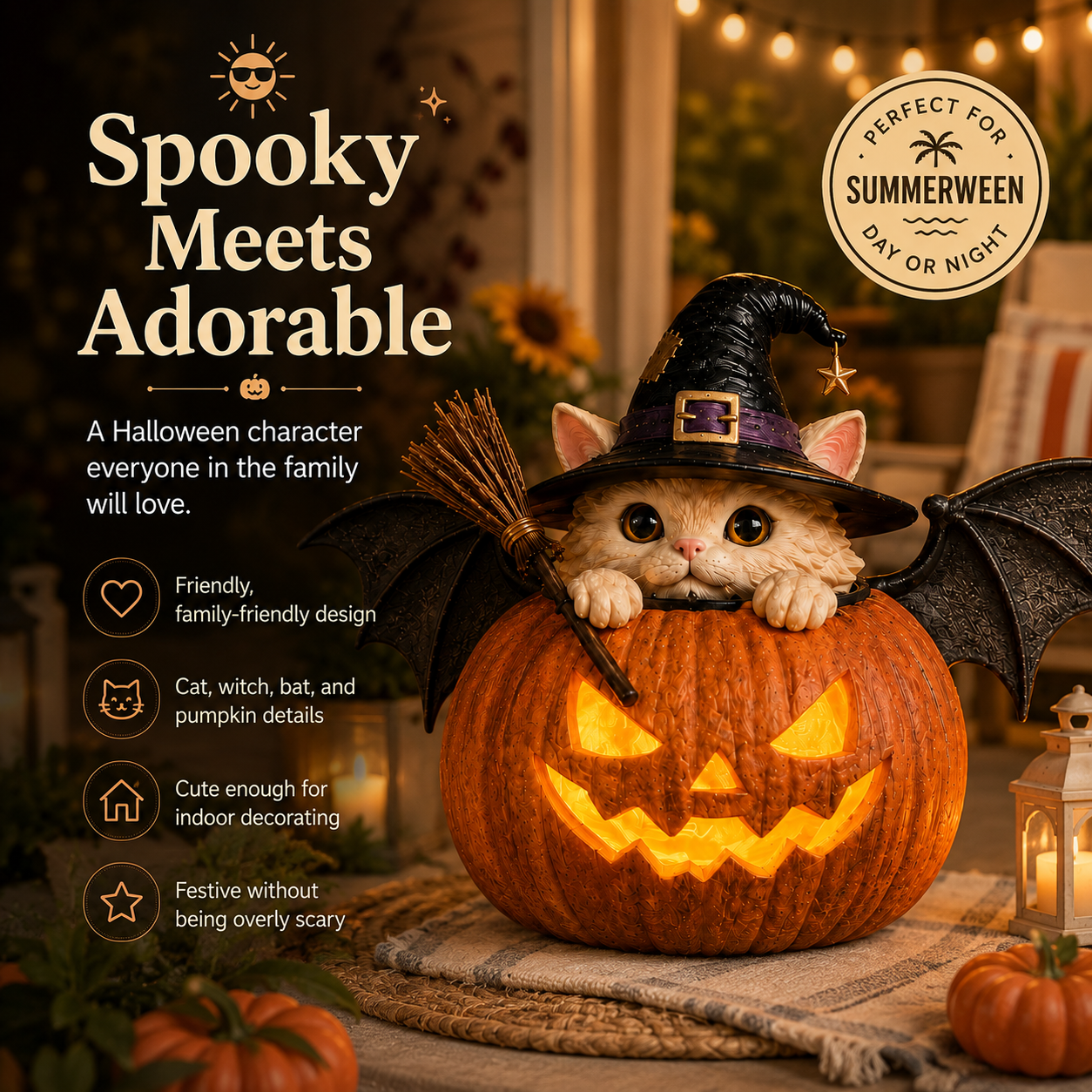 🔥 Holiday Celebration 50% OFF ✨- Cute Witch Cat Pumpkin Light with Flickering LED & Timer for Easy Decor 🎃✨