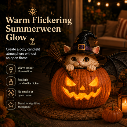 🔥 Holiday Celebration 50% OFF ✨- Cute Witch Cat Pumpkin Light with Flickering LED & Timer for Easy Decor 🎃✨