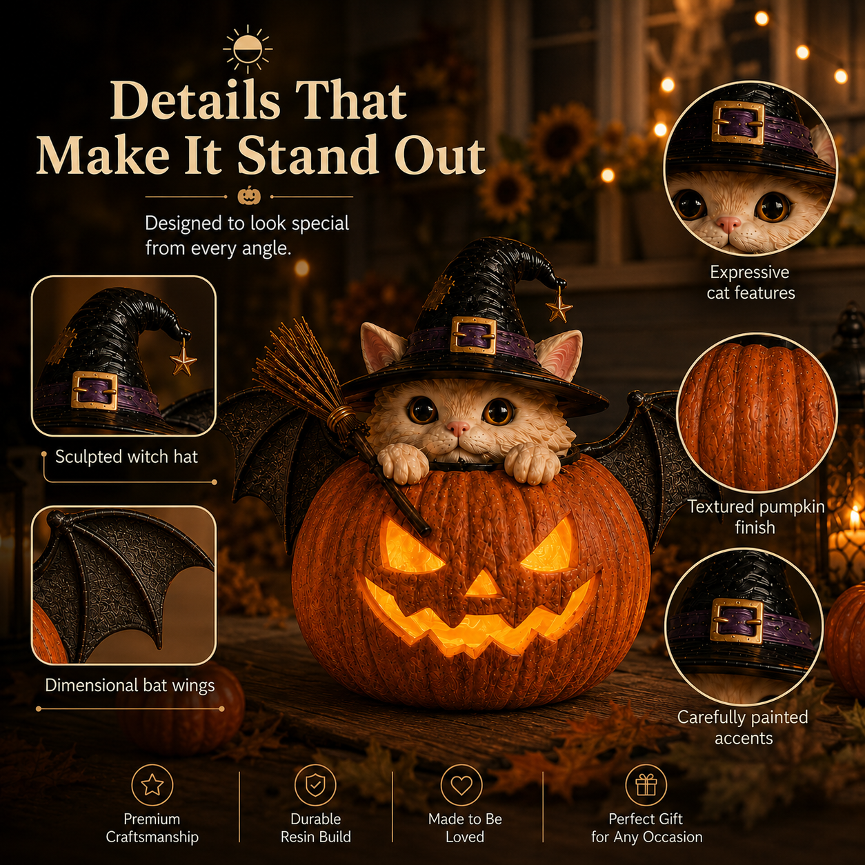 🔥 Holiday Celebration 50% OFF ✨- Cute Witch Cat Pumpkin Light with Flickering LED & Timer for Easy Decor 🎃✨