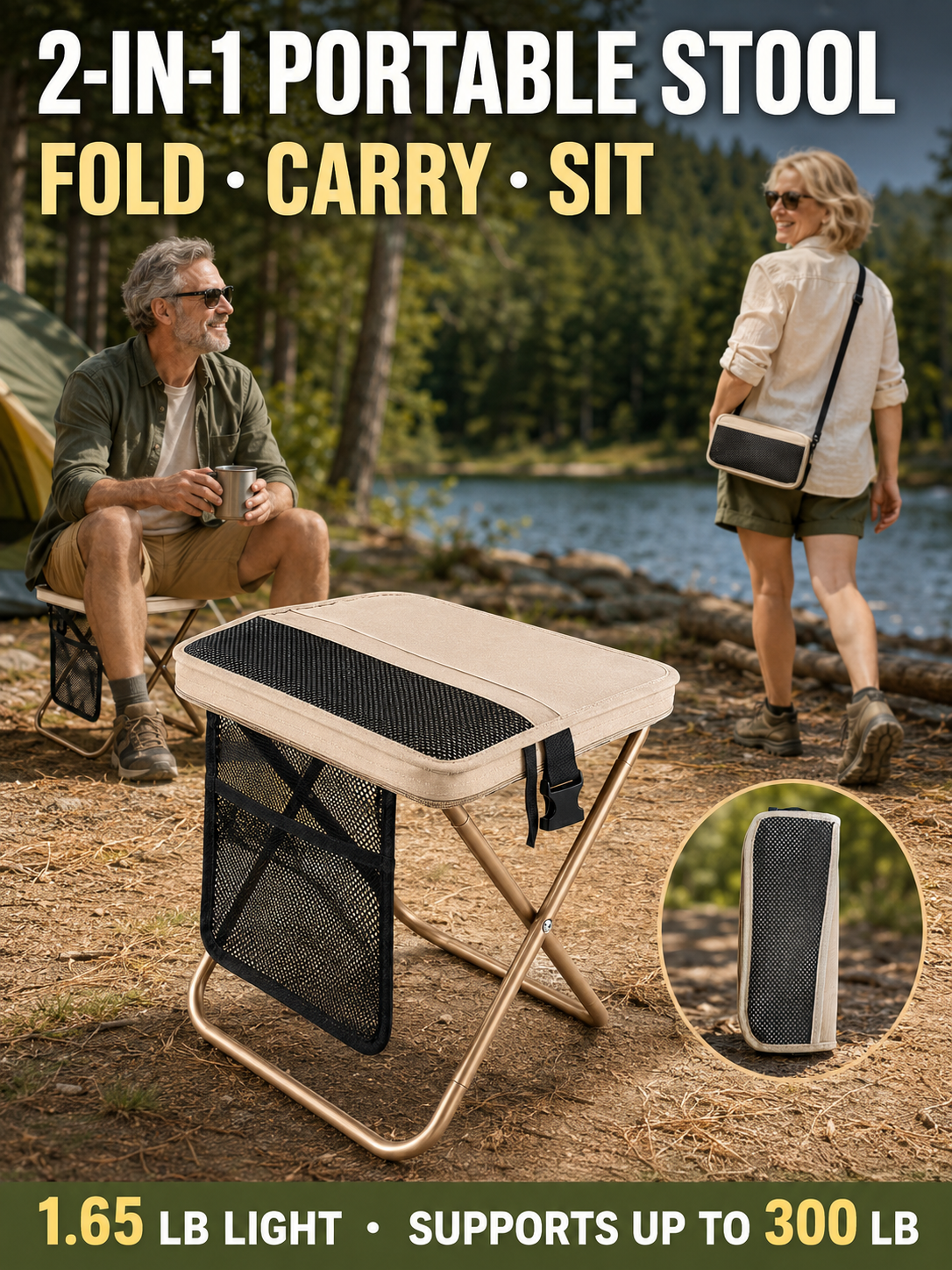 🔥 Outdoor Pick 🪑 12' Portable Folding Stool - Compact Collapsible Backpack Chair for Adults