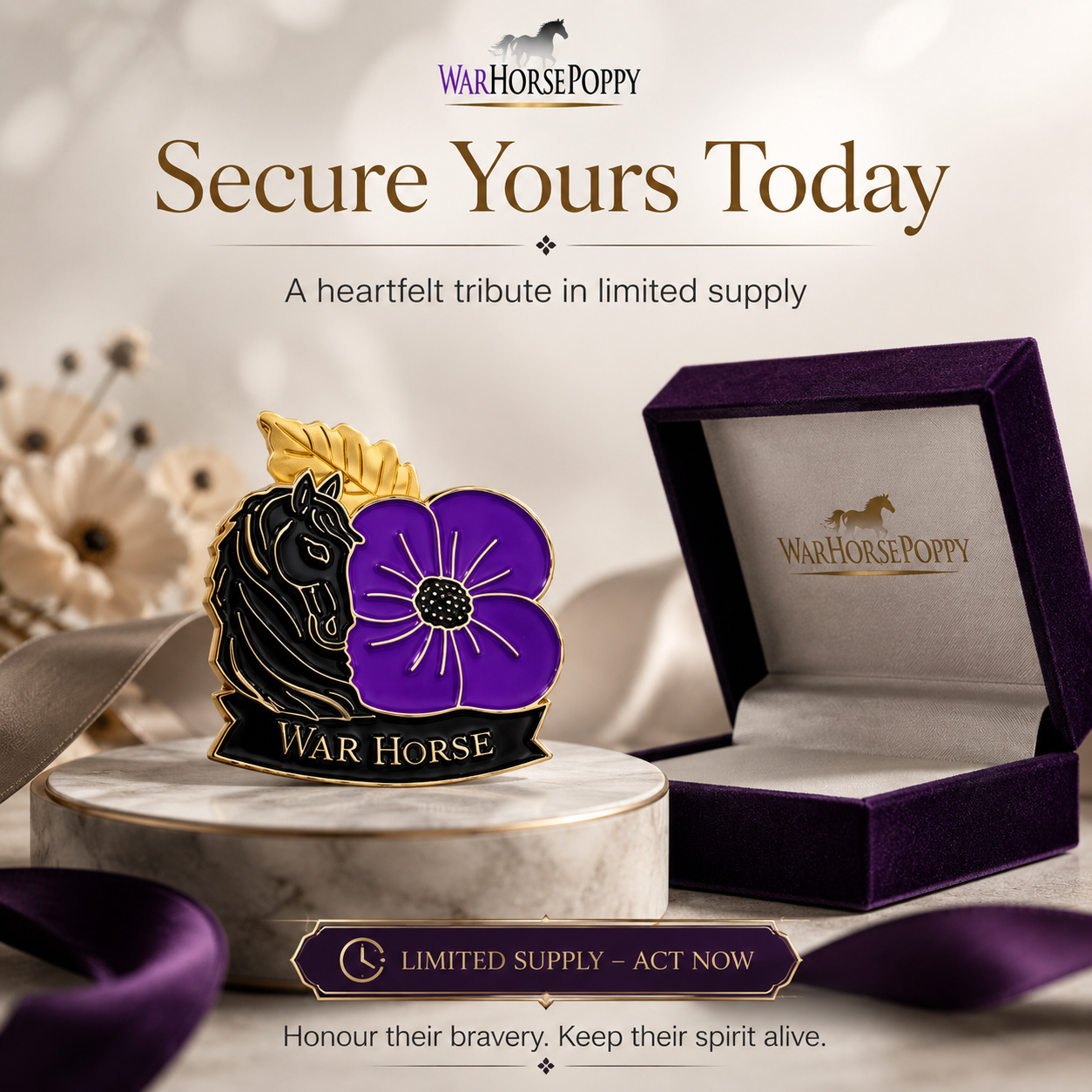 💜 War Horse Purple Poppy Remembrance Brooch – A Lasting Tribute to Service & Sacrifice
