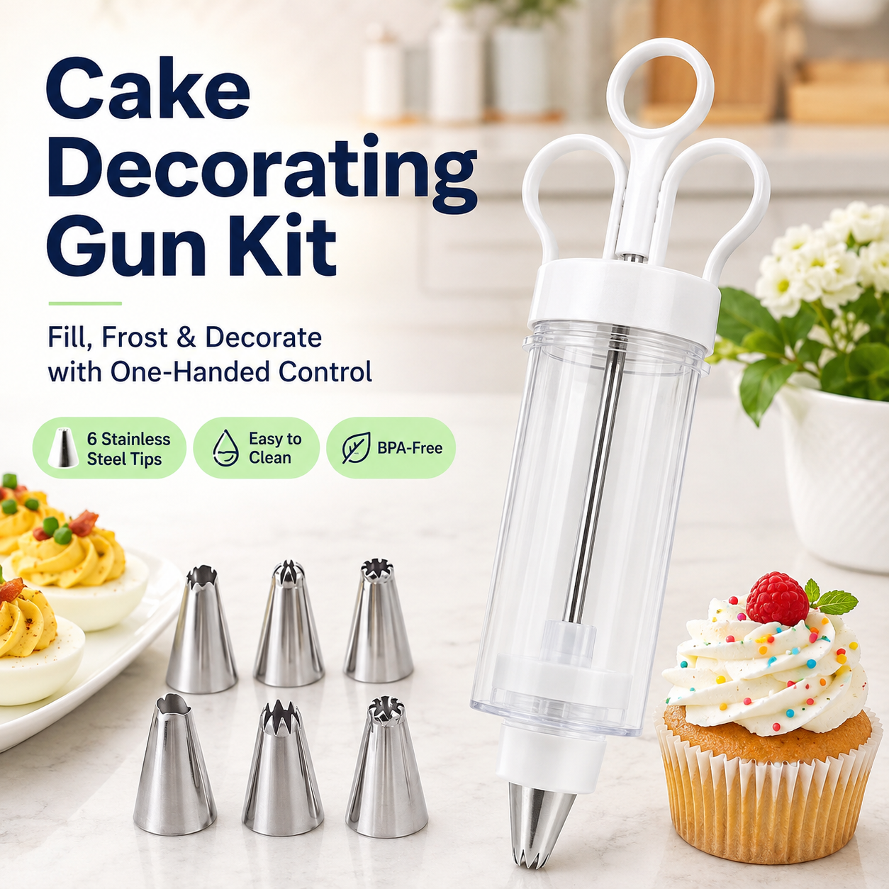 🔥Hot Sale - 50% OFF🔥Stainless Steel Cake Decorating Gun Kit – 6 Icing Nozzles & Pastry Piping Set for Cakes, Cupcakes & Desserts