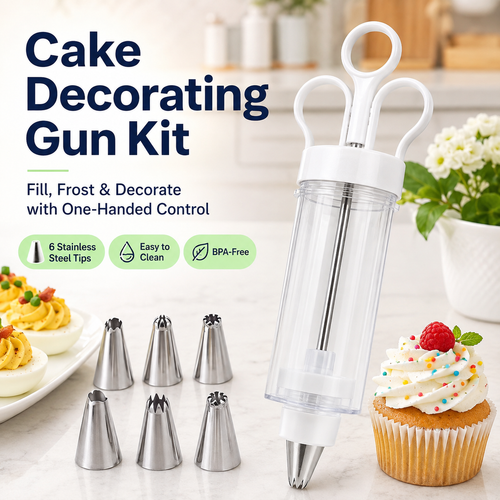 🔥Hot Sale - 50% OFF🔥Stainless Steel Cake Decorating Gun Kit – 6 Icing Nozzles & Pastry Piping Set for Cakes, Cupcakes & Desserts