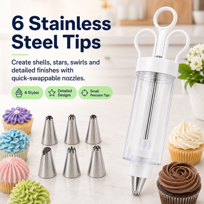 🔥Hot Sale - 50% OFF🔥Stainless Steel Cake Decorating Gun Kit – 6 Icing Nozzles & Pastry Piping Set for Cakes, Cupcakes & Desserts