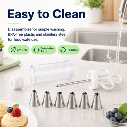 🔥Hot Sale - 50% OFF🔥Stainless Steel Cake Decorating Gun Kit – 6 Icing Nozzles & Pastry Piping Set for Cakes, Cupcakes & Desserts