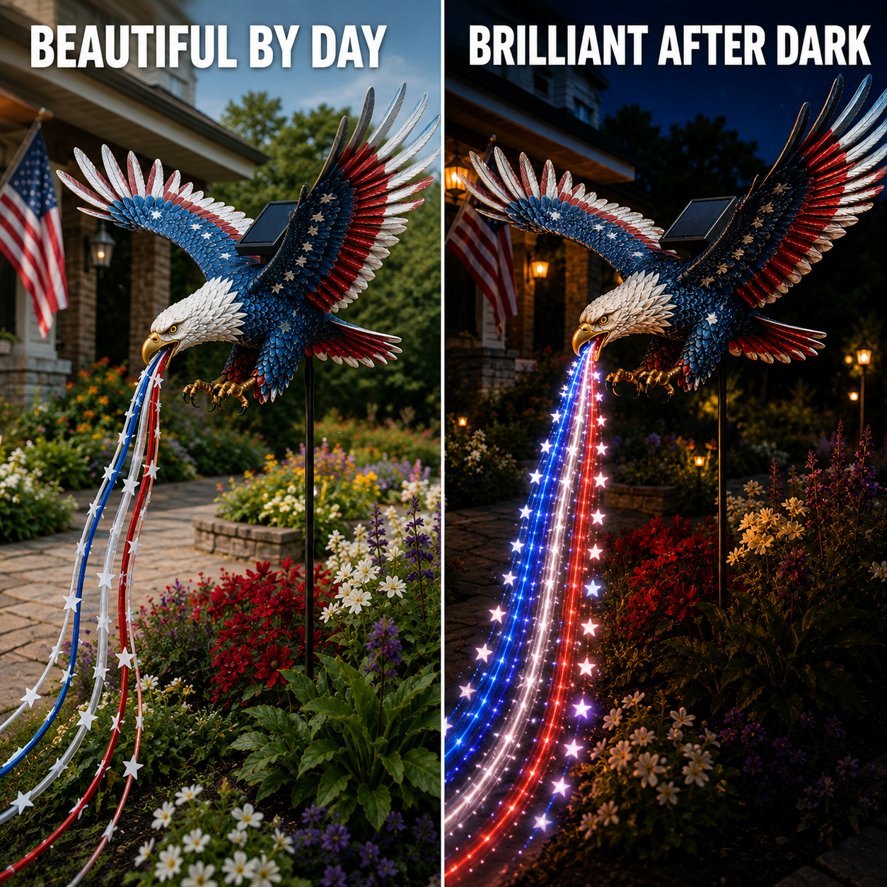 Day and night comparison of the Freedom Eagle solar garden light