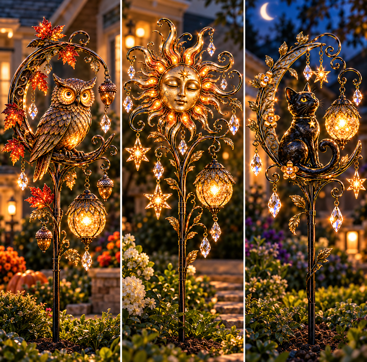 Celestial Sun Moonlit Cat and Owl Moonlight garden stakes