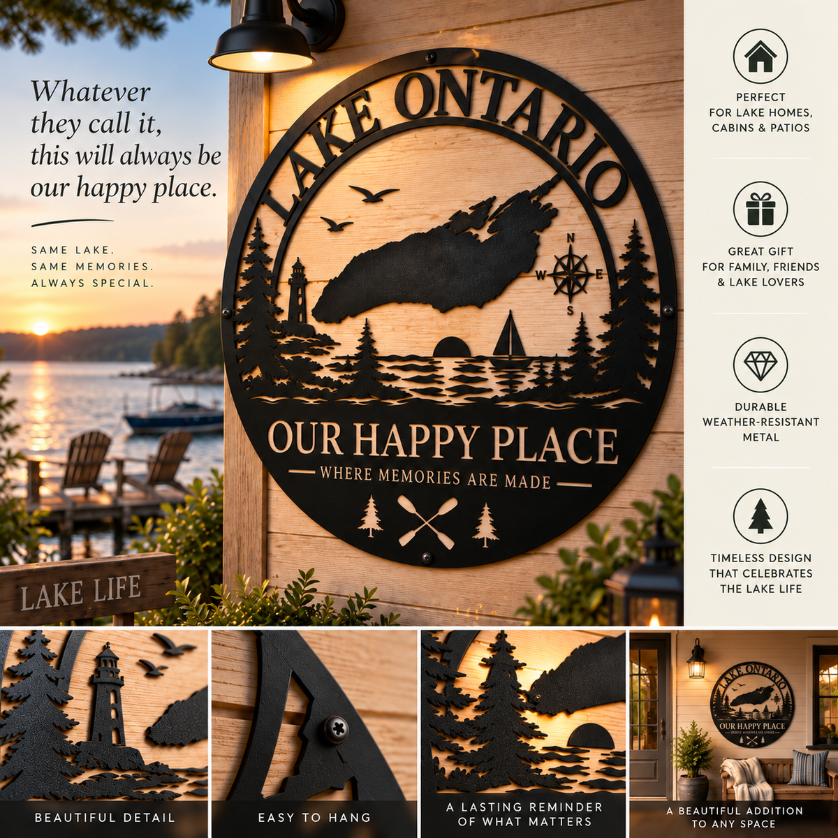 Lake Ontario “Our Happy Place” Wall Art – Where Memories Are Made Lake House Sign