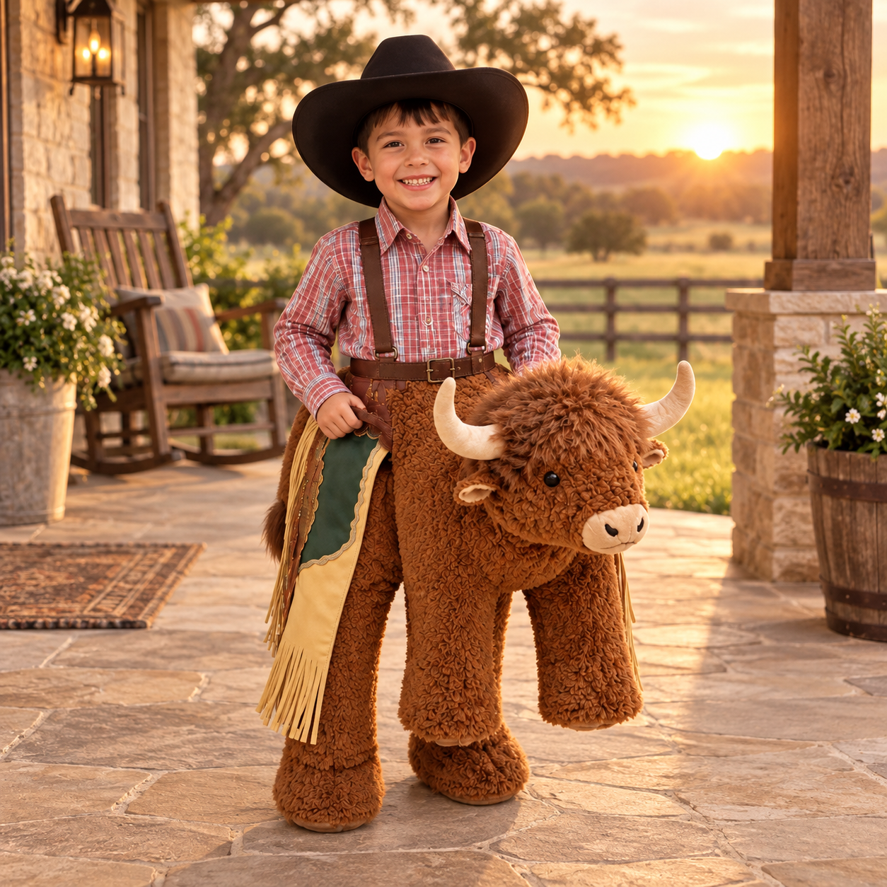 🤠 Kids’ Ride-On Bull Cowboy Costume – Plush Rodeo Halloween Outfit