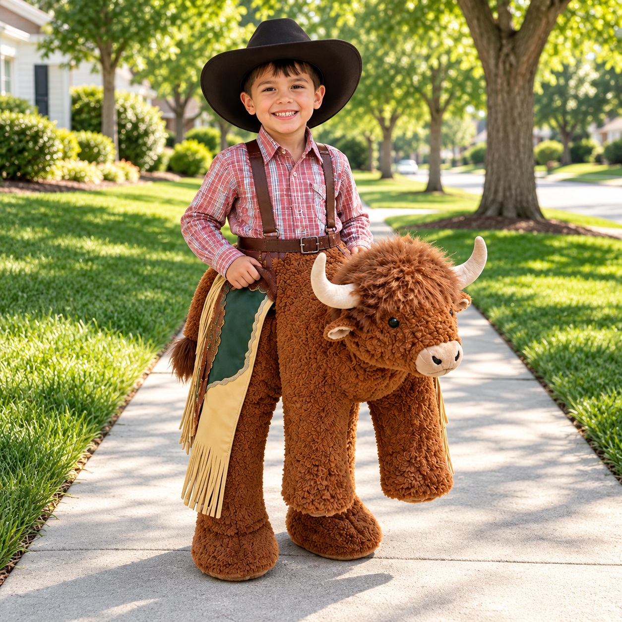 🤠 Kids’ Ride-On Bull Cowboy Costume – Plush Rodeo Halloween Outfit