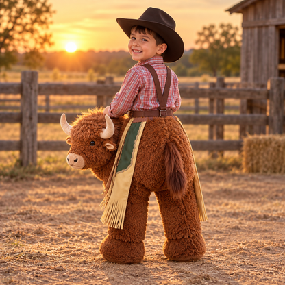 🤠 Kids’ Ride-On Bull Cowboy Costume – Plush Rodeo Halloween Outfit