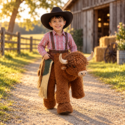🤠 Kids’ Ride-On Bull Cowboy Costume – Plush Rodeo Halloween Outfit