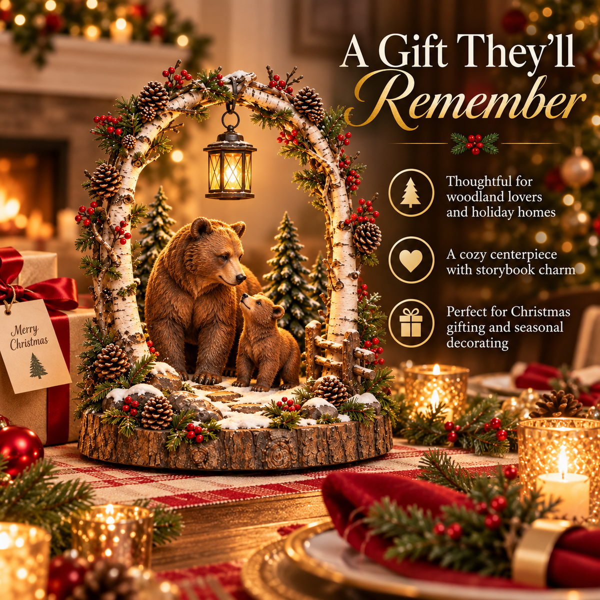 🐻Woodland Bear Family Lantern – Lighted Christmas Forest Tabletop Decor 🎄