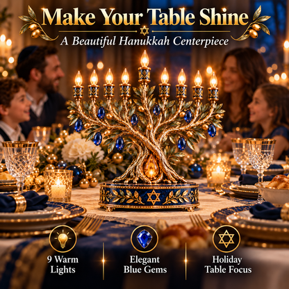 ✡️✨ Radiant Olive Tree™ – 9-Light LED Hanukkah Menorah | Royal Blue & Gold Holiday Centerpiece