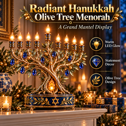 ✡️✨ Radiant Olive Tree™ – 9-Light LED Hanukkah Menorah | Royal Blue & Gold Holiday Centerpiece