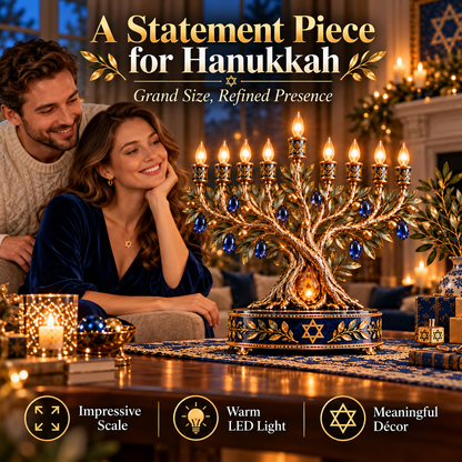 ✡️✨ Radiant Olive Tree™ – 9-Light LED Hanukkah Menorah | Royal Blue & Gold Holiday Centerpiece